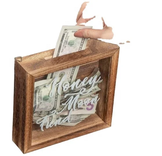Natural Wood Piggy Bank Wooden Honeymoon Fund Shadow Box for Travel Vacation Honeymoon Wedding-Coin Storage with Square Pattern