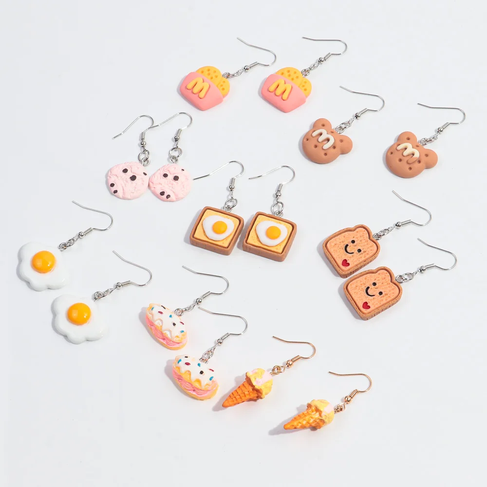 Cartoon Cute pink Bear chocolate chip cookie toast breakfast Fried egg Resin Ice Cream Mini 3D Jewelry acrylic drop earrings