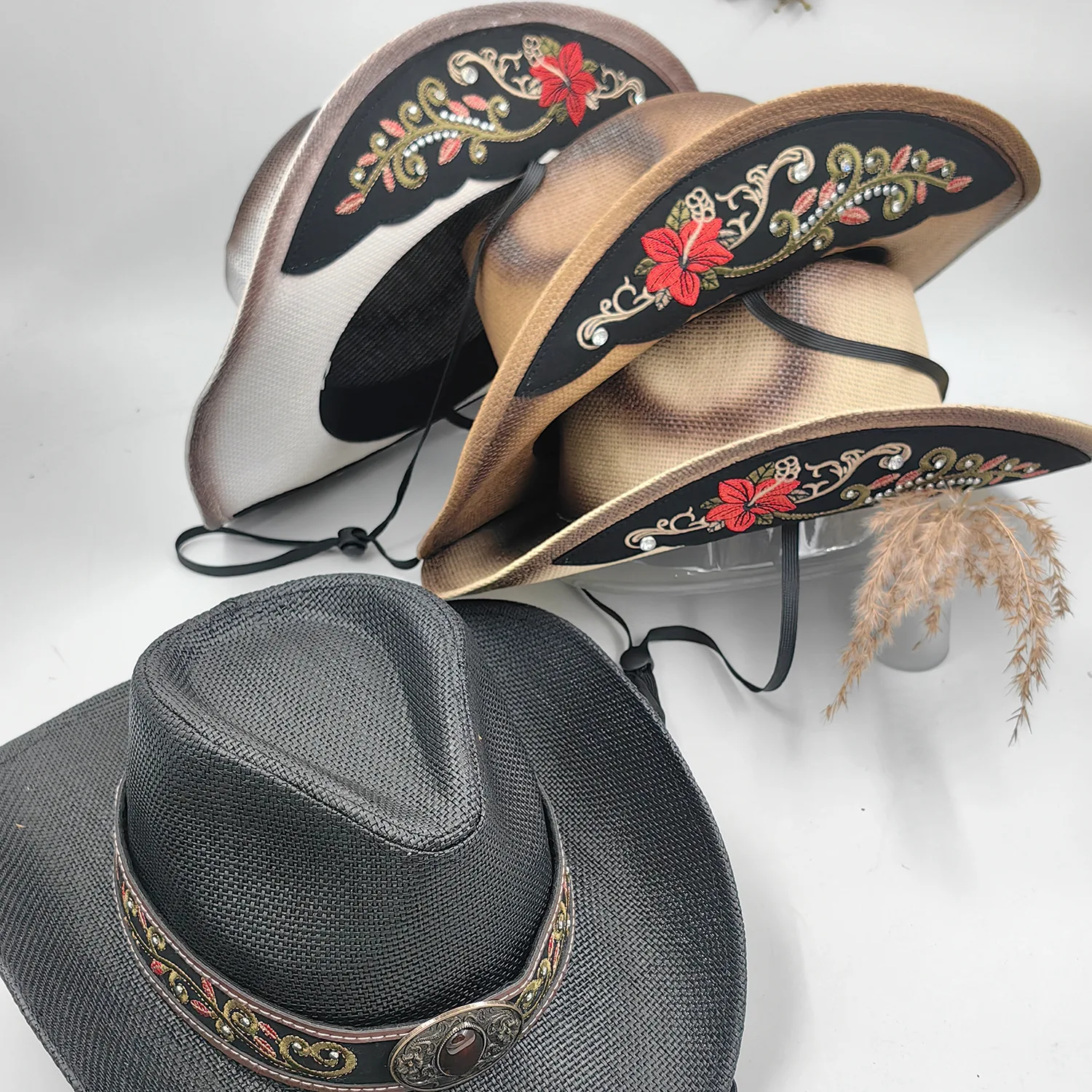 Men Women Vintage Embroidered Cashew Nut Flower Ethnic Straw Hat Outdoor Mountaineering Windbreak Ethnic Sun Protection Jazz Hat