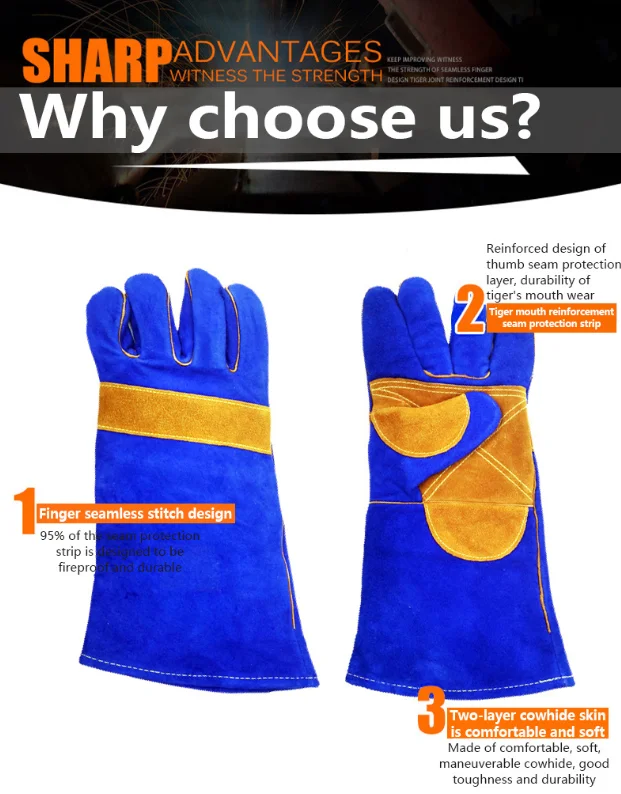 CE Certified Blue Cow Split Leather TIG Welding Gloves 12 Inches Keystone Thumb Cowhide Cuff Cotton Protective BBQ Working XL