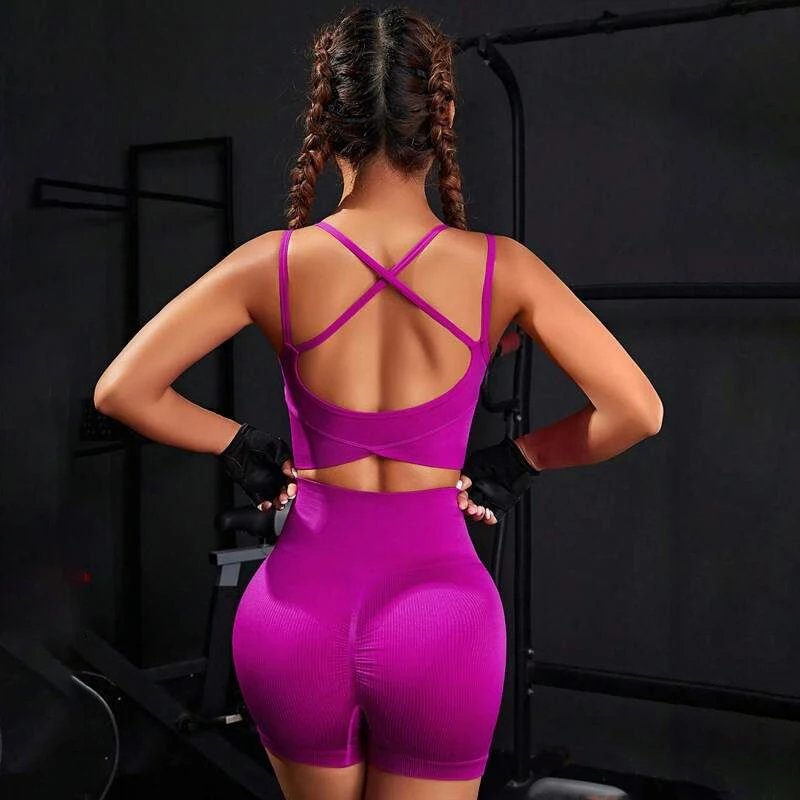 Multi color custom Gym Clothes ribbed Purple training Fitness Sports Bra & Yoga High Waist Hip Lifting Shorts