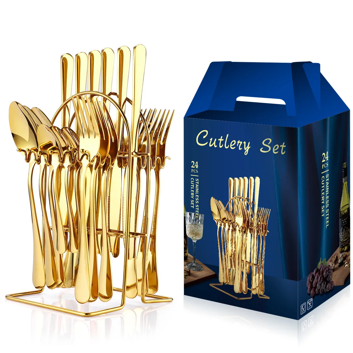 Factory Wholesale Stainless Steel Knife Fork Spoon Set 24pcs Gold Flatware Luxury Cutlery Set With Holder Stand