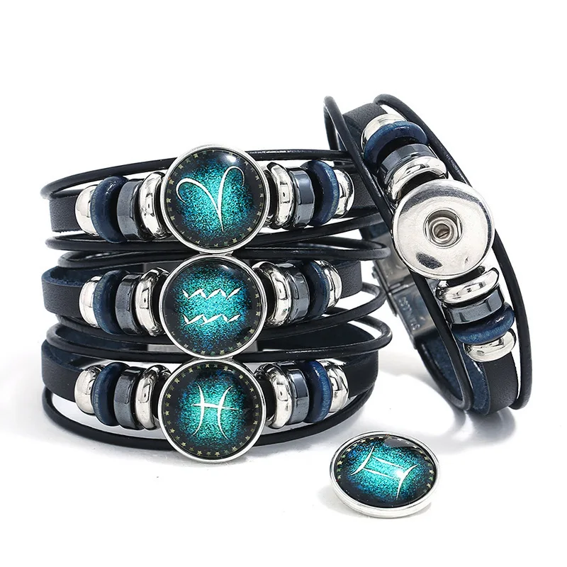 Wholesale 12 Zodiac Sign Bracelet Handmade Leather Charm Gem Star Watch Buckle Bracelet