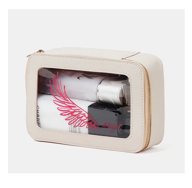 Clear pvc stand up Makeup Bag Organizer beige Cosmetic Bag Portable Travel Toiletry Makeup Case Women Makeup Brush Pouch