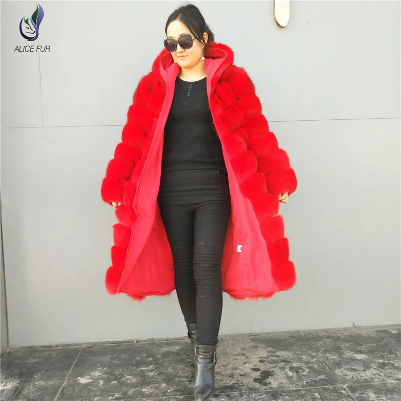 Hot Sell red color plus size long style clothes women winter animal fox fur coat girls with hood