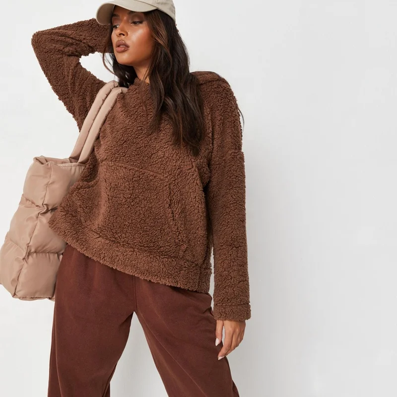 Custom embroidered logo high quality fashion ladies plush sweater women winter heavy thick brown teddy fleece hoodie