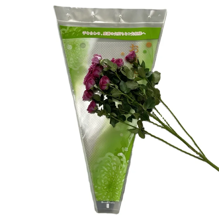 Promotional Disposable Plastic Flower Sleeve Transparent Fresh Paper Packaging Bag with Handle Bouquet Bag