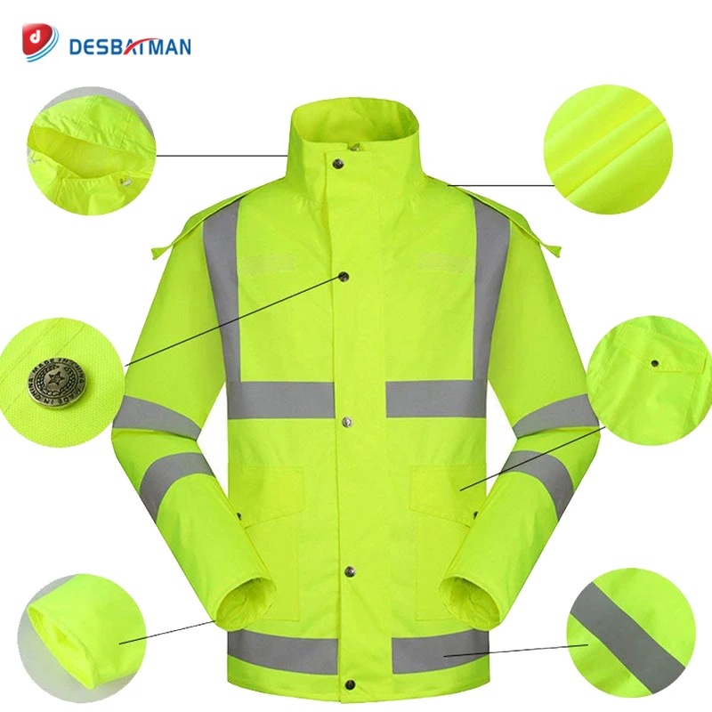 High Visibility Reflective Security Rain Jacket Hi Vis Safety Motorcycle Raincoat Hooded Waterproof Rainsuit
