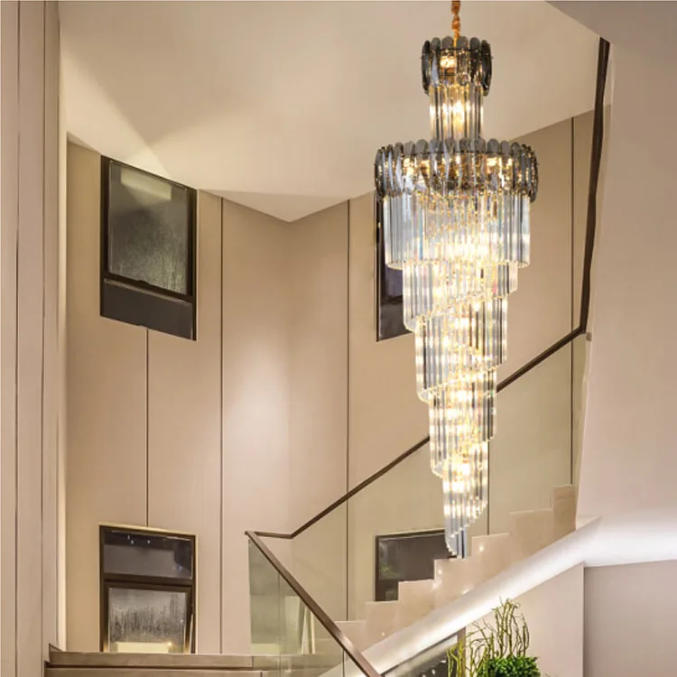 Modern luxury indoor gold large round stairwell stair lighting crystal chandeliers pendant lights for hotel lobby staircase