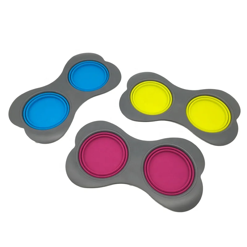 
LFGB silicone bone shape double dog food bowl collapsible dog bowl 