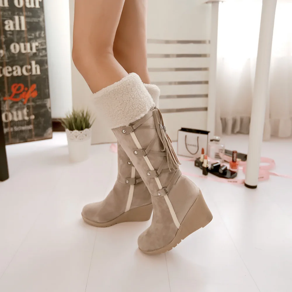 
2020 New Women Snow Boots Thick Keep Warm Fur Shoes Sexy high Heel Wedge Shoes Round Toe Platform Knee High Long Winter Boots 