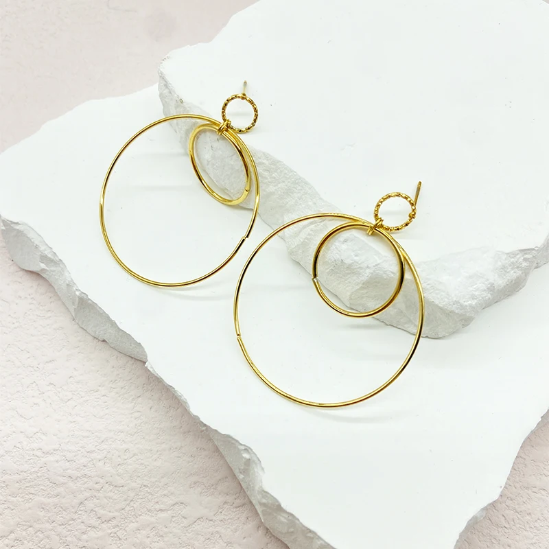 QS 2024 New arrival multi-layer circle earrings 18K real gold stainless steel Exaggerated geometric earrings drop women