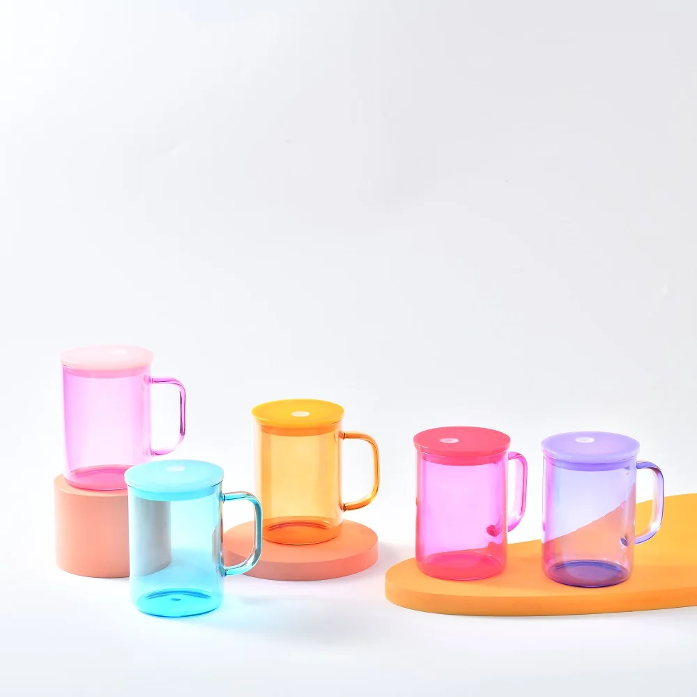 wholesale bulk 15oz Jelly Glass Camper Mug with colored pp lid Tea Milk Beer Crystal clear sublimation glass mug with pp lid