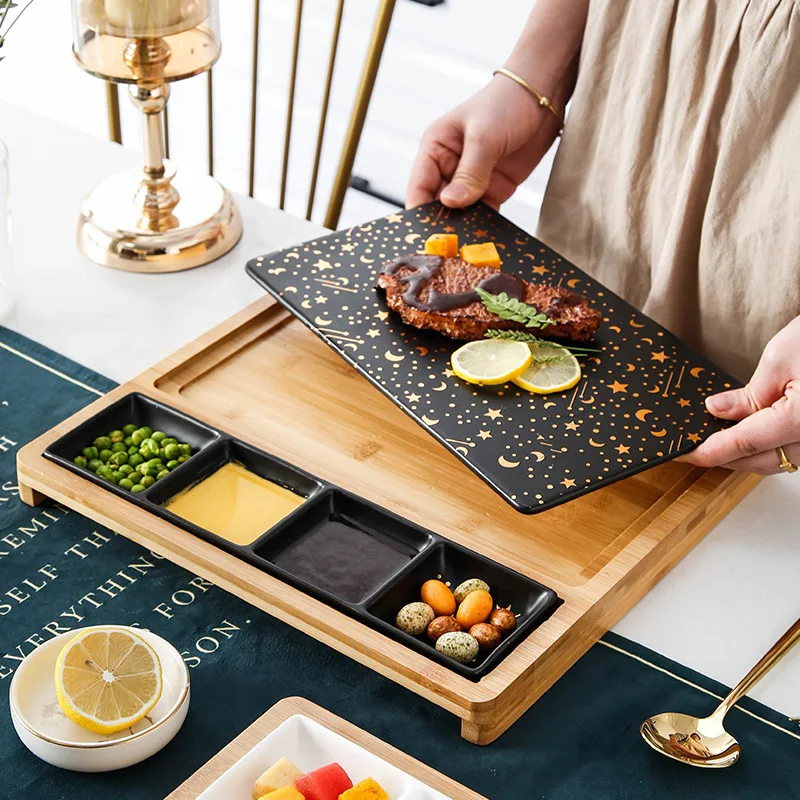 Factory direct sale new design luxury western restaurant square wood porcelain ceramic dinner plate set wedding party steak plat
