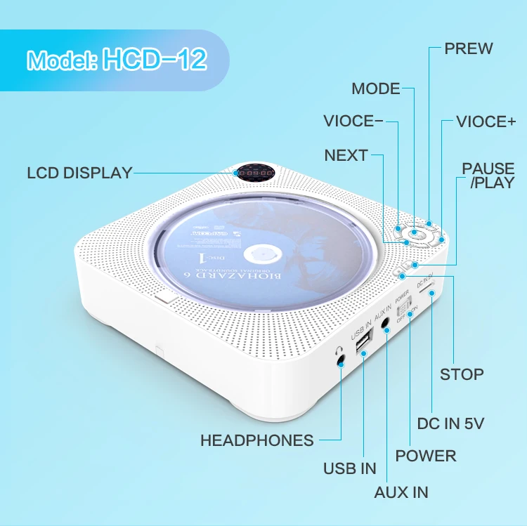 
2021 Walkman CD player Multifunction Black Music CD player MP3 Speaker FM Radio BT Output USB Connection Portable CD Player 