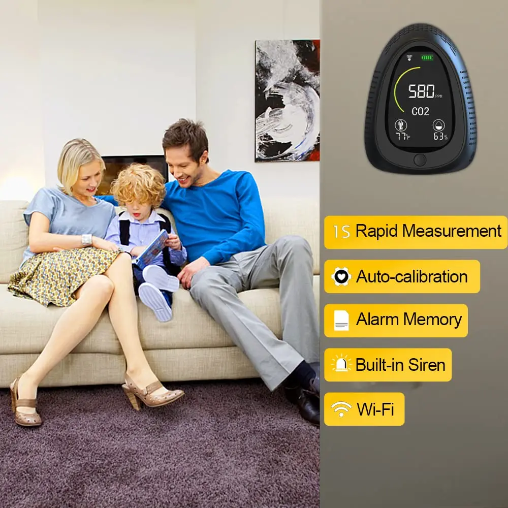Wifi Alarm Data Logger NDIR Auto Calibrate Color Indicator Light 3/4/5 in 1 Interior Temp Humidity Smoke Co2 Meter Monitor