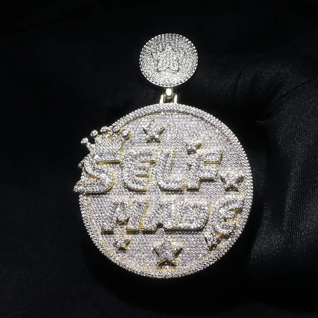 Fashion Letter SELFMADE Hip Hop Jewelry Iced Out Hip Hop Pendant Charms For Men Personality Exaggerated Large Round Necklace