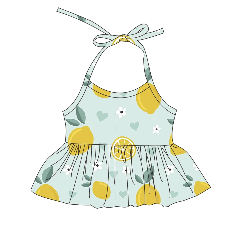 Wholesale boutique new style summer breathable fabric custom print sleeveless sweet baby girl clothes backless kids halter tops