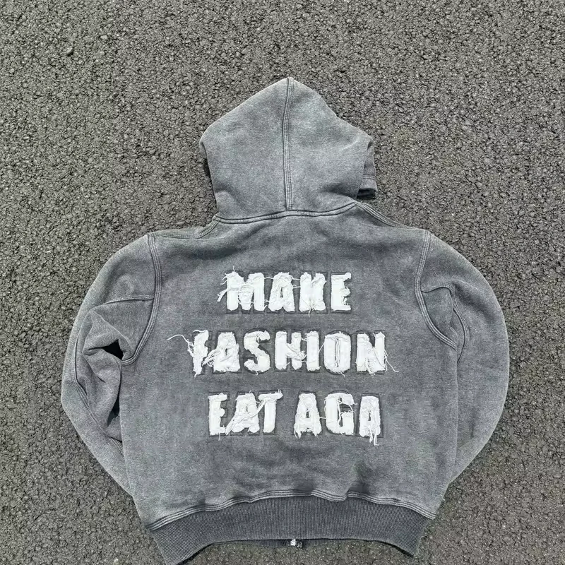 Manufacturer for customs clothes embroidered acid wash distressed applique embroidery patch hoodies sun faded hoodie