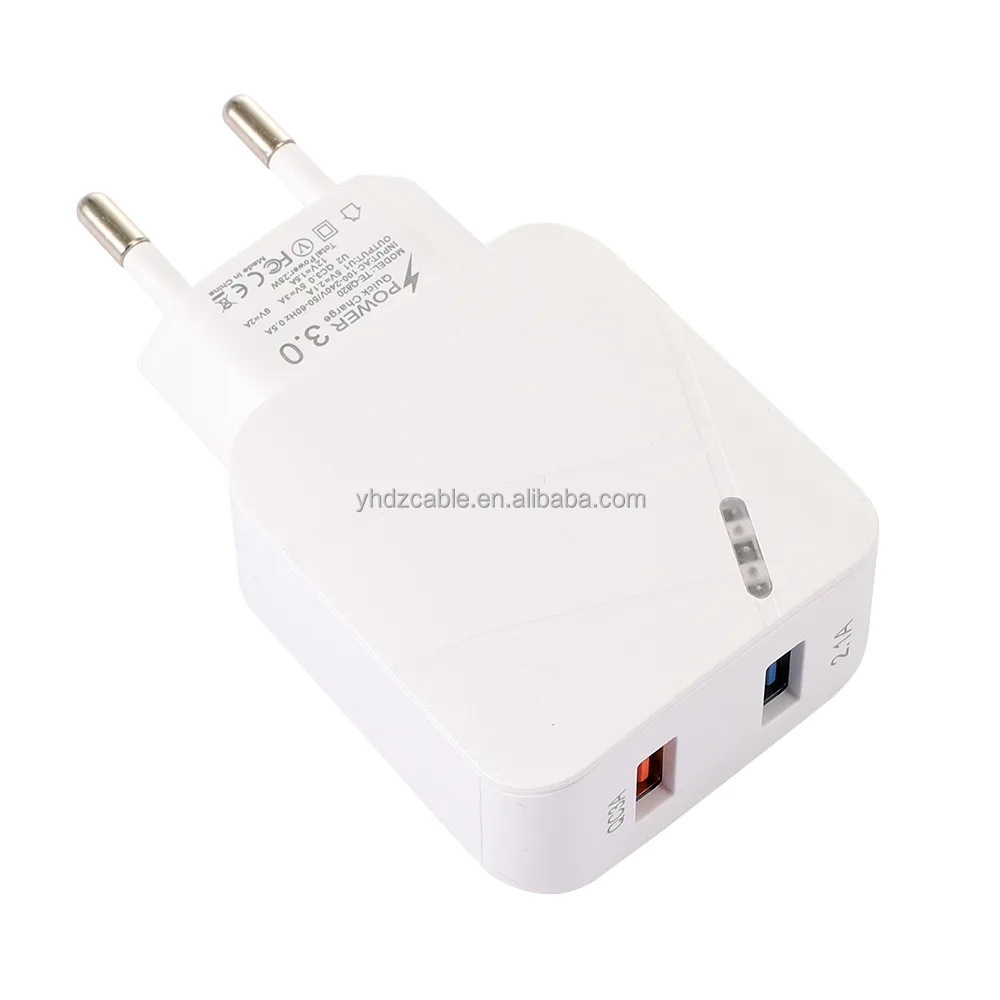 28W Luminous QC3.0+2.1A USB Mobile Phone Fast Charge Dual Port US EU Travel Wall Charger for iPhone 13 12