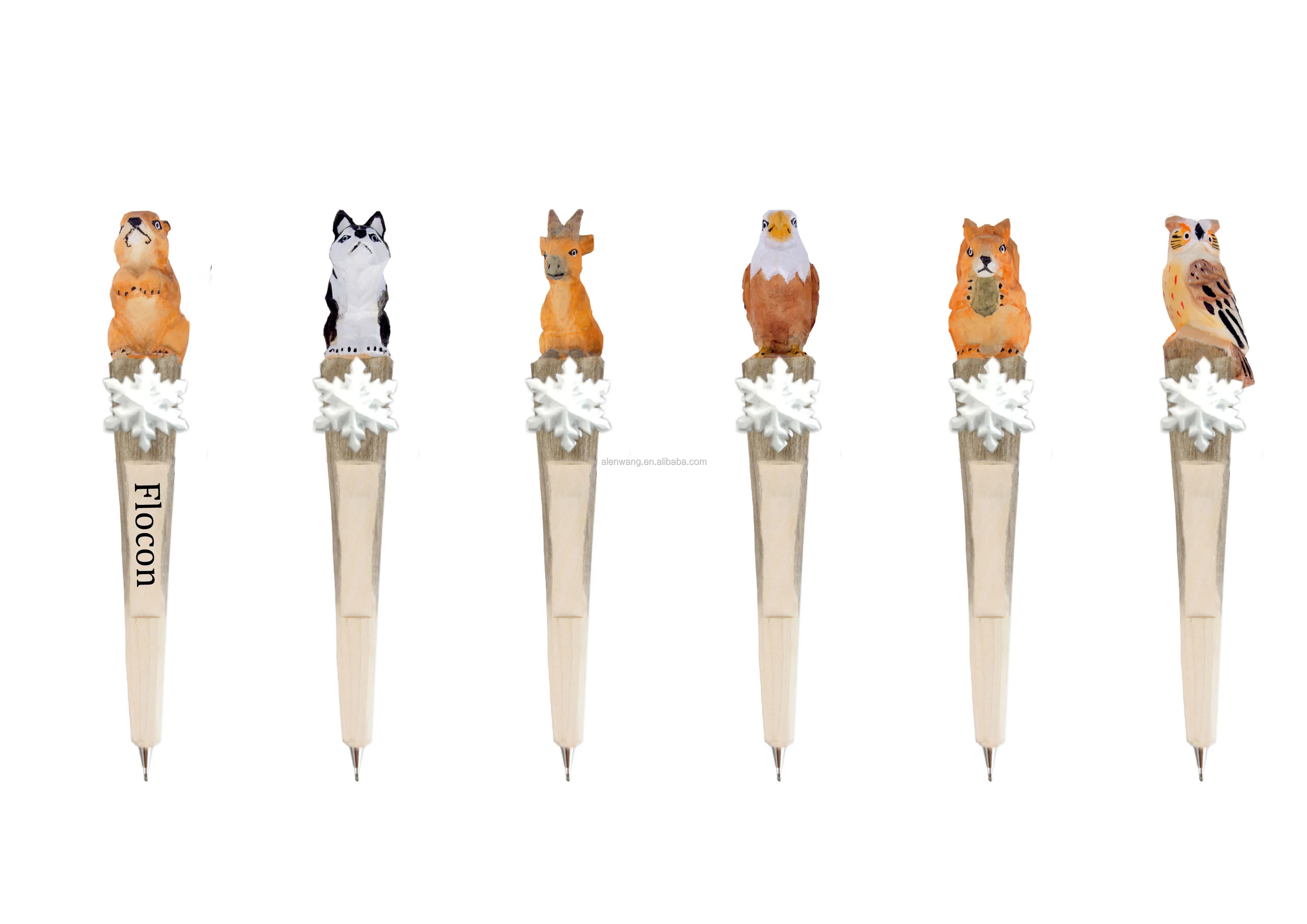 
wooden pen hand made carved animal pen wholesale wood carving handicraft gift creative stationery with flocon and Edelweiss 