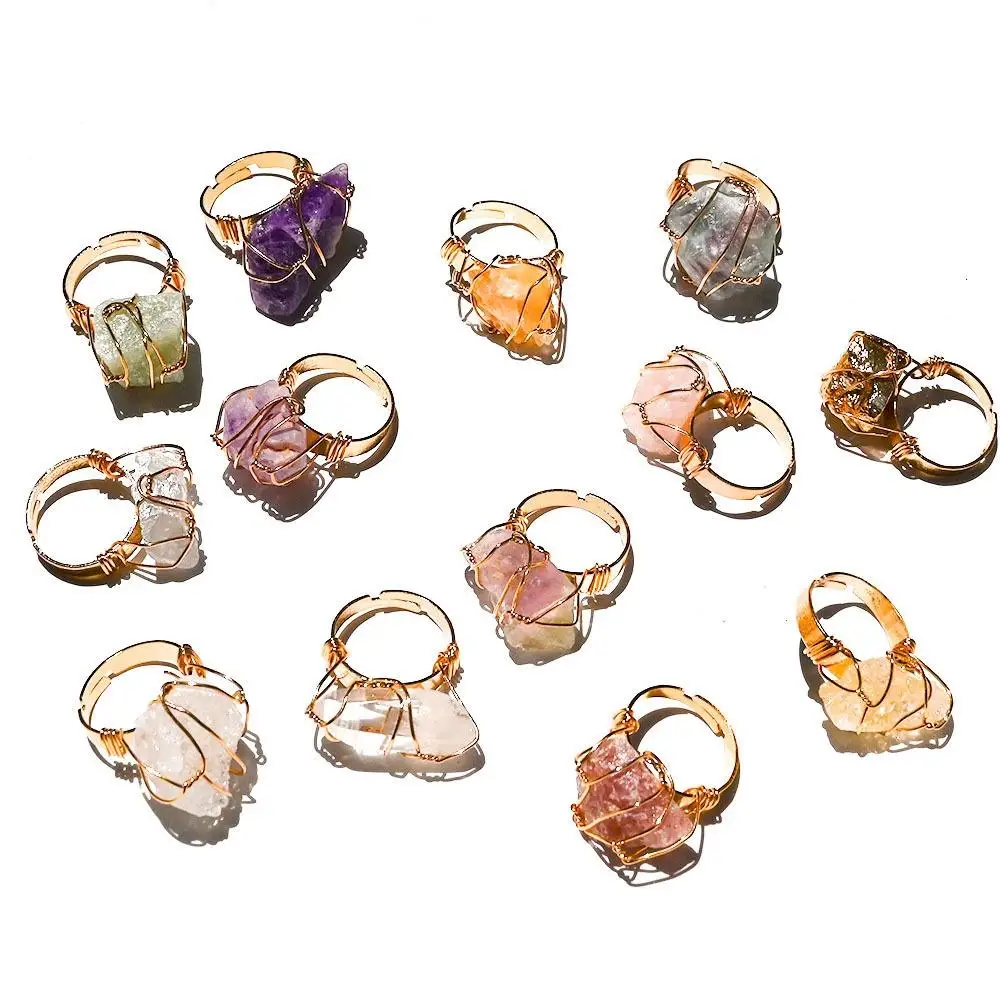 Wholesale Natural Crystal Stone Ring Adjustable Claw Setting Gemstone Rings Natural Rough Raw Crystal Rings Natural Stone