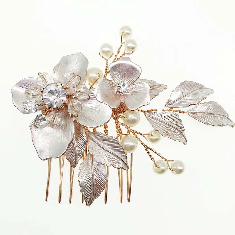 SHSS2074  handmade pearl bridal hair comb leaf branch gold wedding hair clip bride accessories