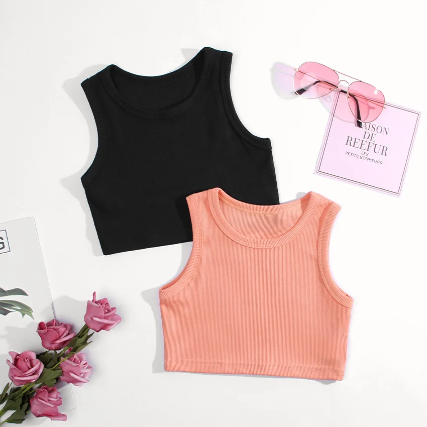 Wholesale Black And Pink Tank Top Sleeveless Round Neck Casual Basic Crop Top For Kids Girls