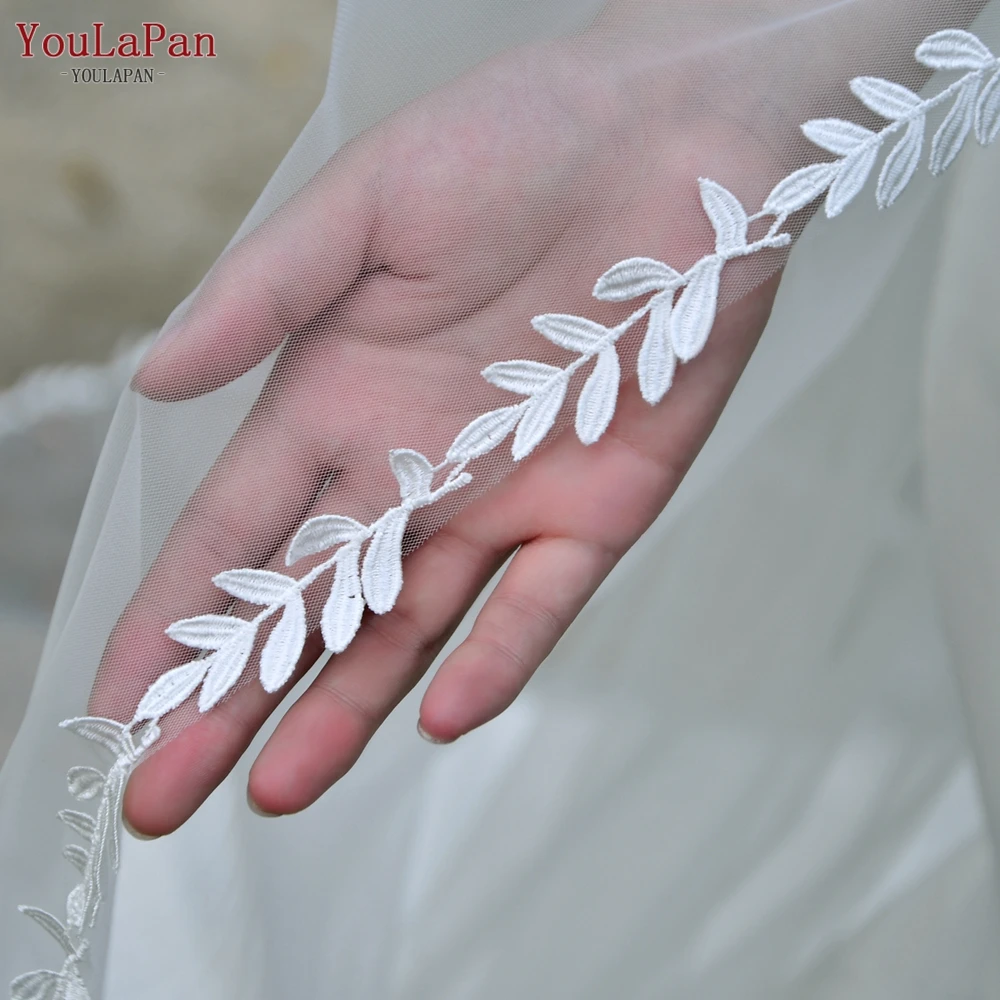 YouLaPan V142 White Ivory Single Layer Thin Scallop Leaves Applique Trim Veil Cathedral Wedding Bridal Veil