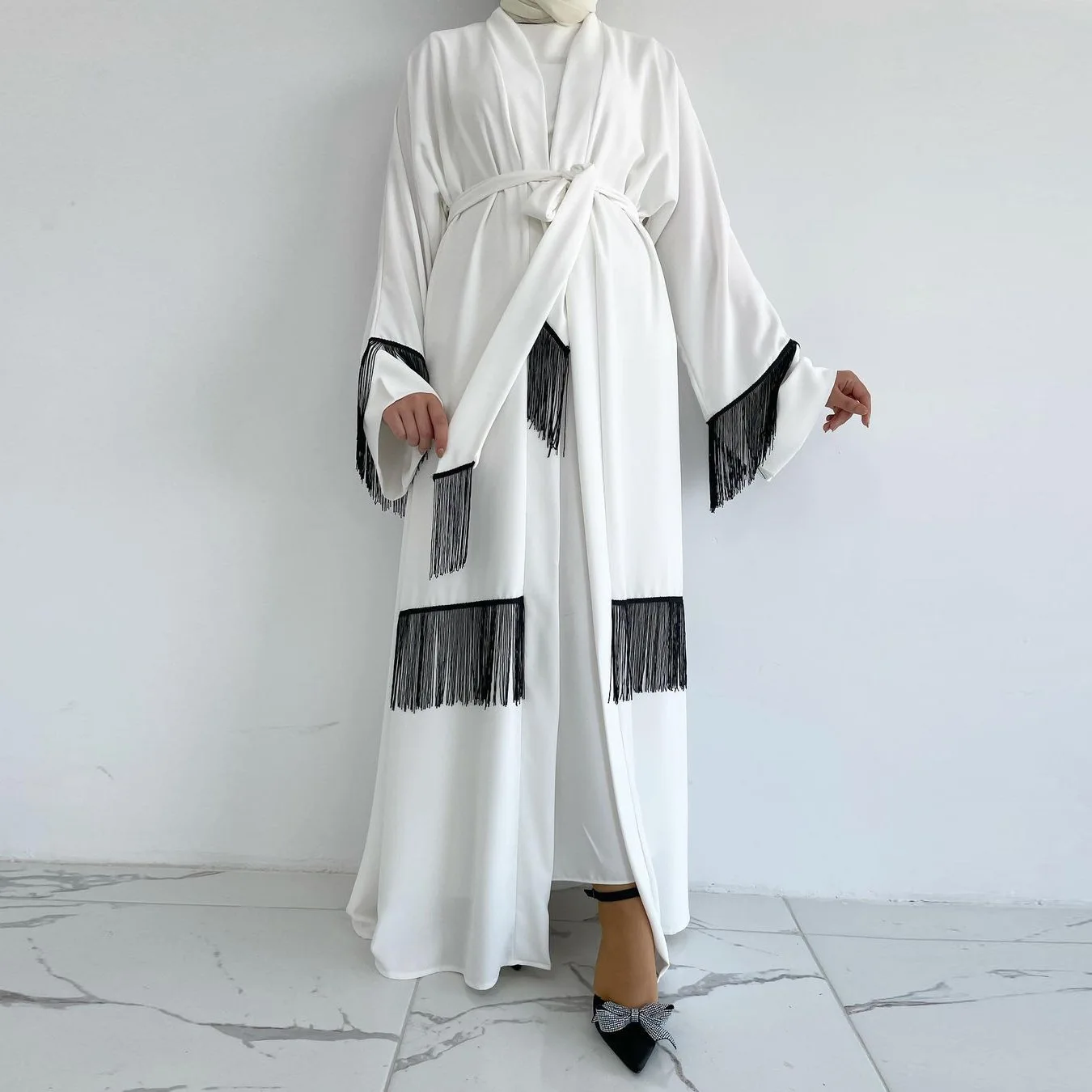 Custom Open Abaya Muslim Women Dress Turkey  Femmes Kimono Robes White Chiffon Abaya With Tassel