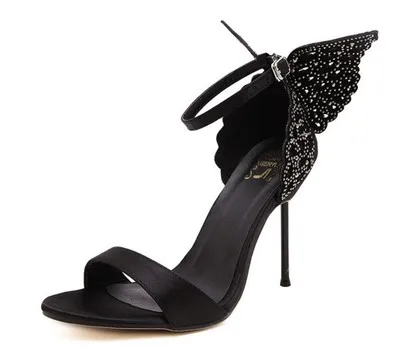 Big hollow butterfly thin high heels sandals women sexy open toe silk gladiator stiletto black buckle summer shoes woman
