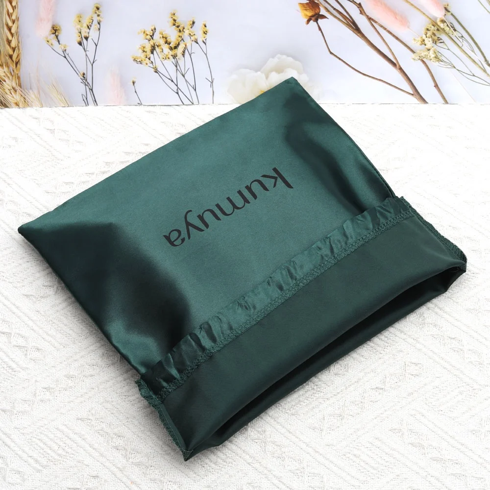 Custom Logo Printed Luxury Green Satin Handbag Shoe Hair Bundle Storage Bag High Quality Drawstring Silk Pouch Satin Dust Bag