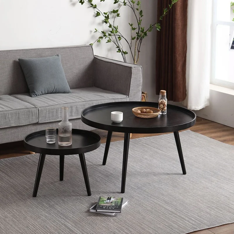 custom China wholesale black multifunctional wooden round nesting coffee table set