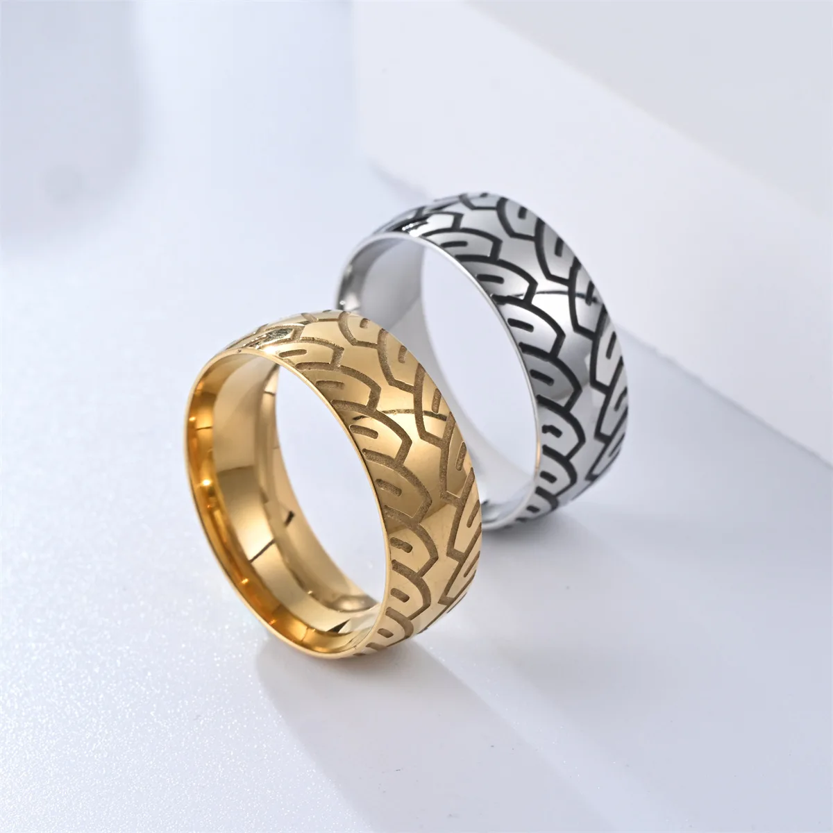 Custom Factory Steel 8mm Corrosion Engraved Tire Pattern Vintage Ring Stainless Steel Engraved Split Ring