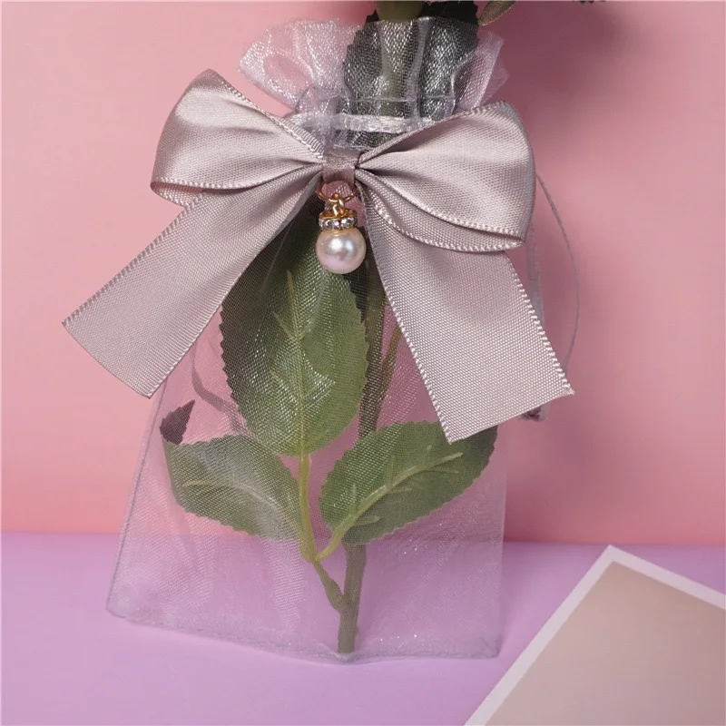 Mesh Organza Pouches Gift Bags with Ribbon Bow and Pearl Drawstring Organza Bag for Cosmetics