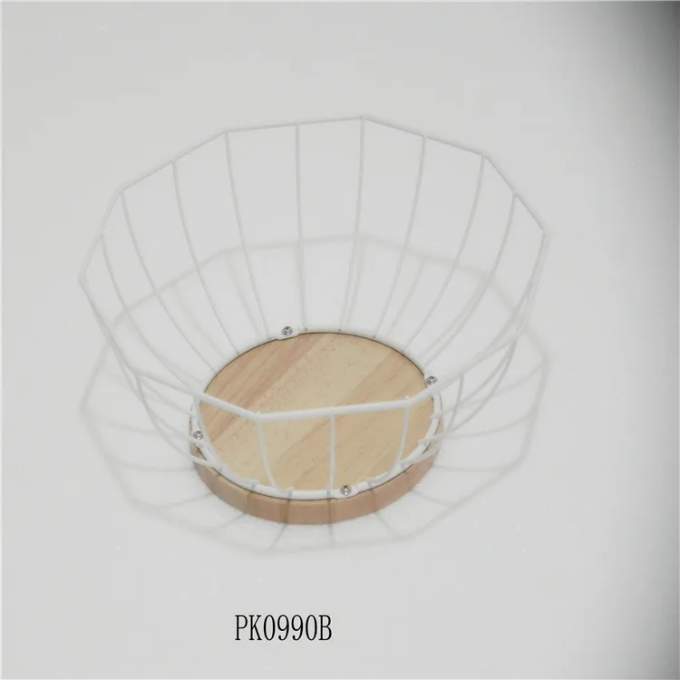 Round Iron Metal Mesh Wire Fruit Vegetable Basket With Wood On The Bottom kitchen organizer