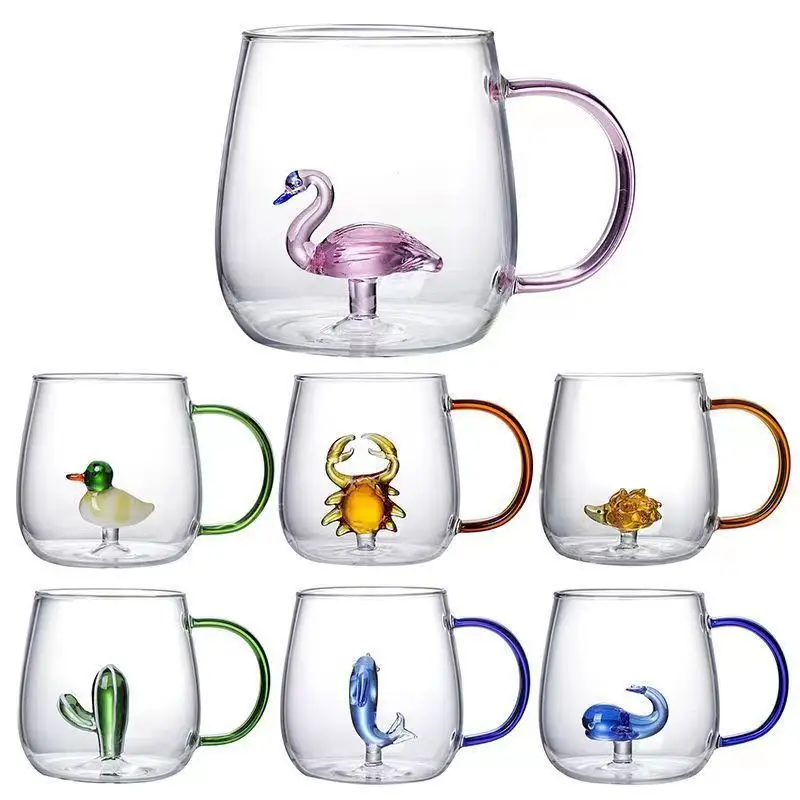 3D Mug Animal Inside Cup Cartoon Glass Figurine Teacup with Handle for Boys Girls Kids Women Men Coffee Mug