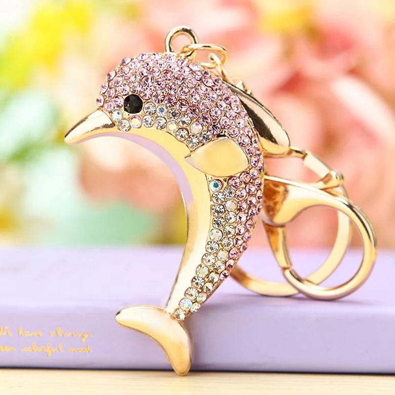 Hot Sale Customize Animal Dolphin Shiny Luxury Colorful Stone Metal Zinc Alloy Key chains