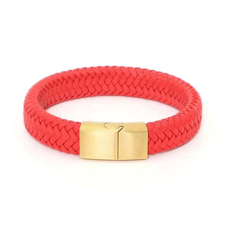 Fashion Punk Style 12mm Wide Woven Red Leather Rope Lady Stainless Steel Clasp Magnetic Bracelet Wrap Leather Bracelet For Women