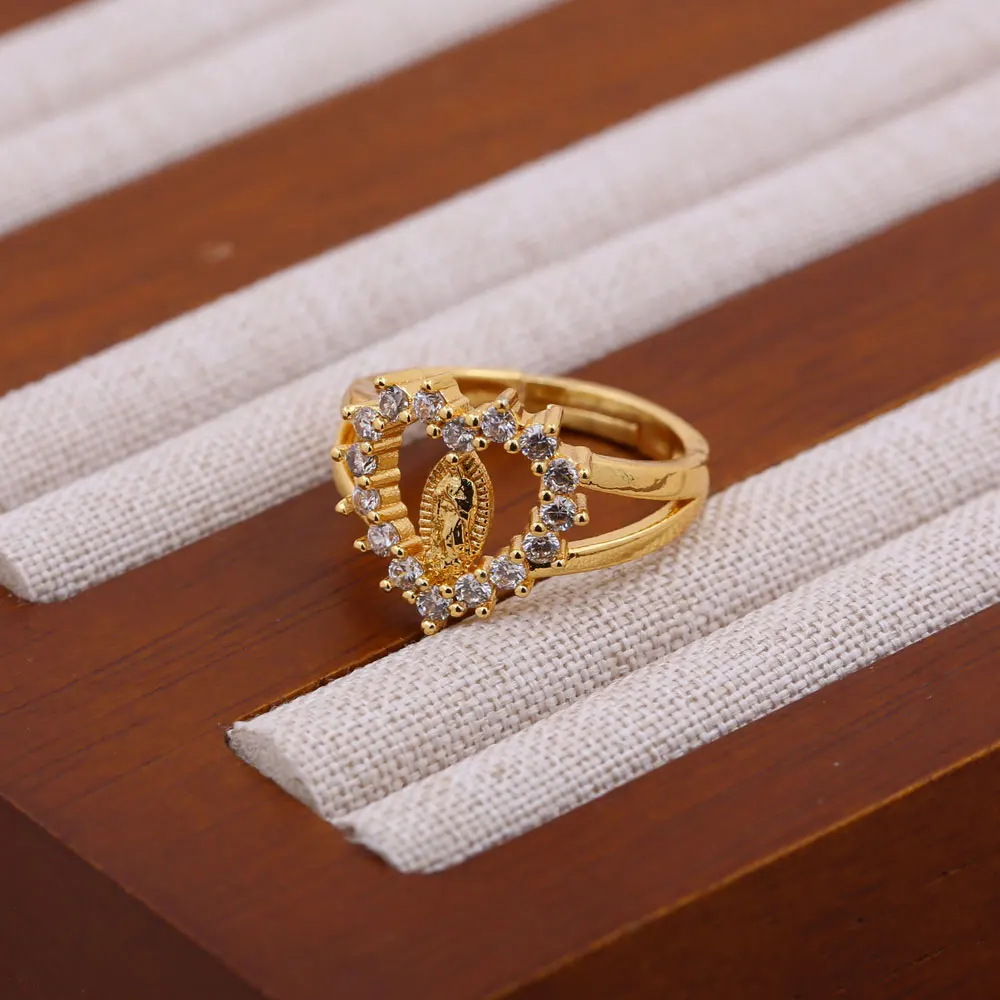 Wholesale Catholic Religious Jewelry Items Gold Plated Open Cuff Micro Pave Cubic Zirconia Virgin Mary Rings Catholic Jewelry