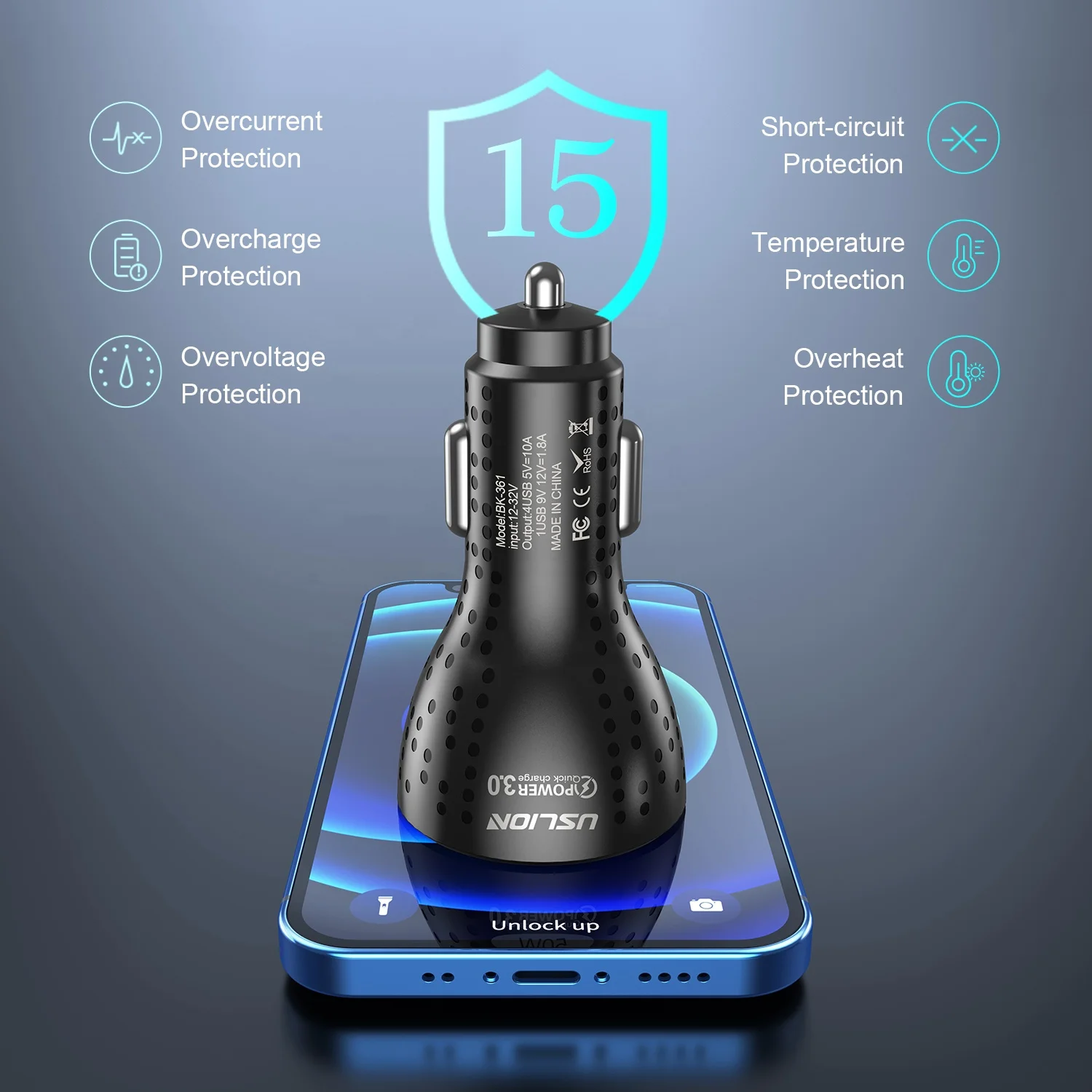 USLION 50W 4 Ports USB Car Charger QC3.0 Mini Fast Charging For iPhone 13 12 11 Huawei Phone Charger Adapter in Car Accessories