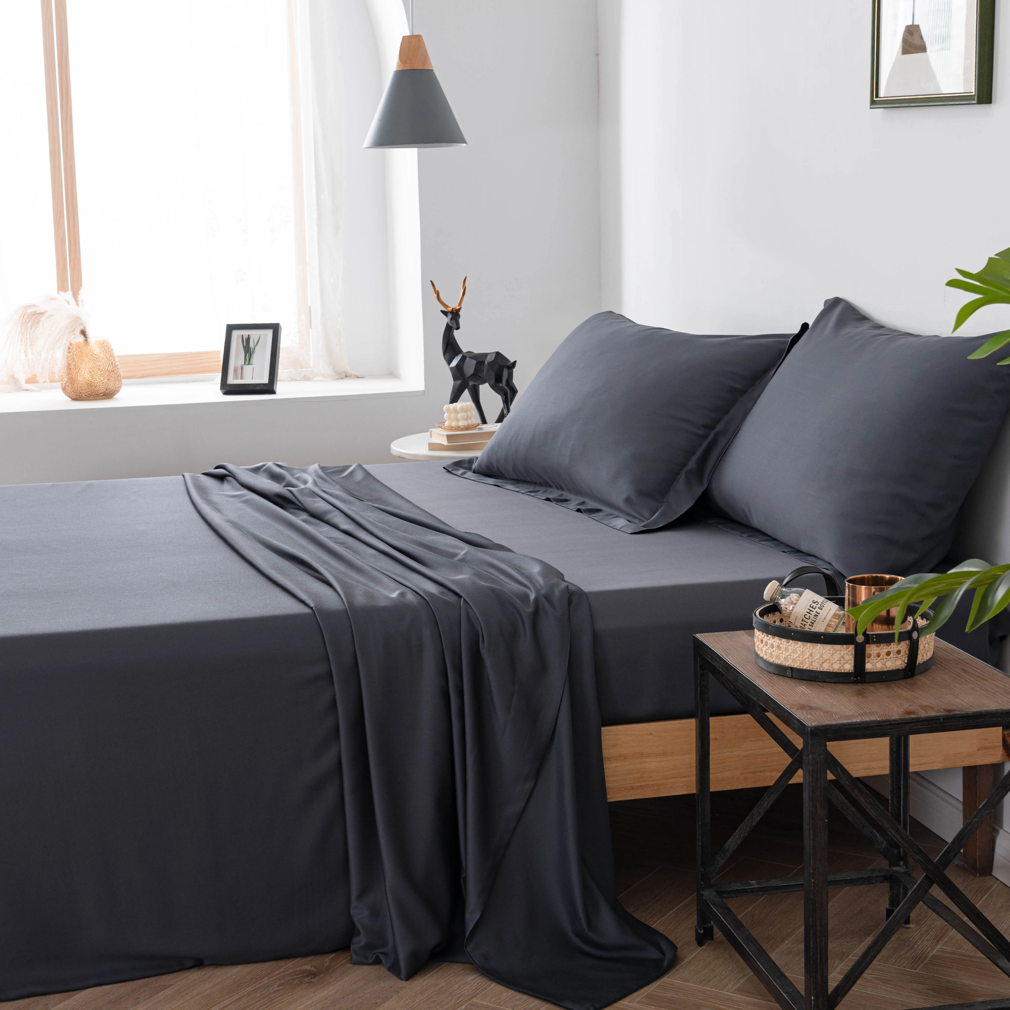 100% Sateen Bamboo Bed Linen Sheets Set Pillow Cases,Top Sheet,and Fitted Sheet Queen