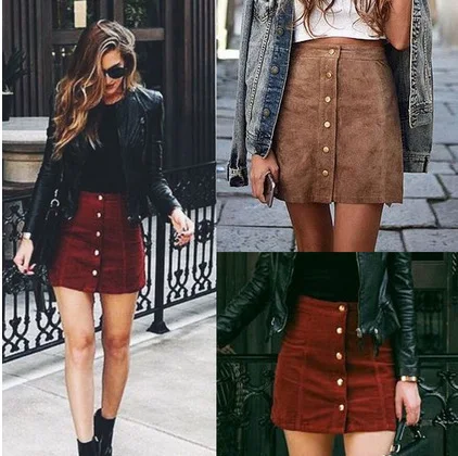 
Fashion Elegant Women Ladies Summer Skirts High Waist Single Breasted Solid Slim A-Line Suede Leather Mini Skirts 