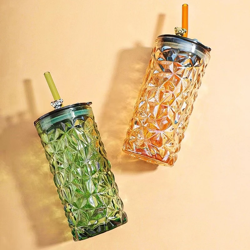 Bear series glasses with straw cups cute office milk to drink 400ml bottles
