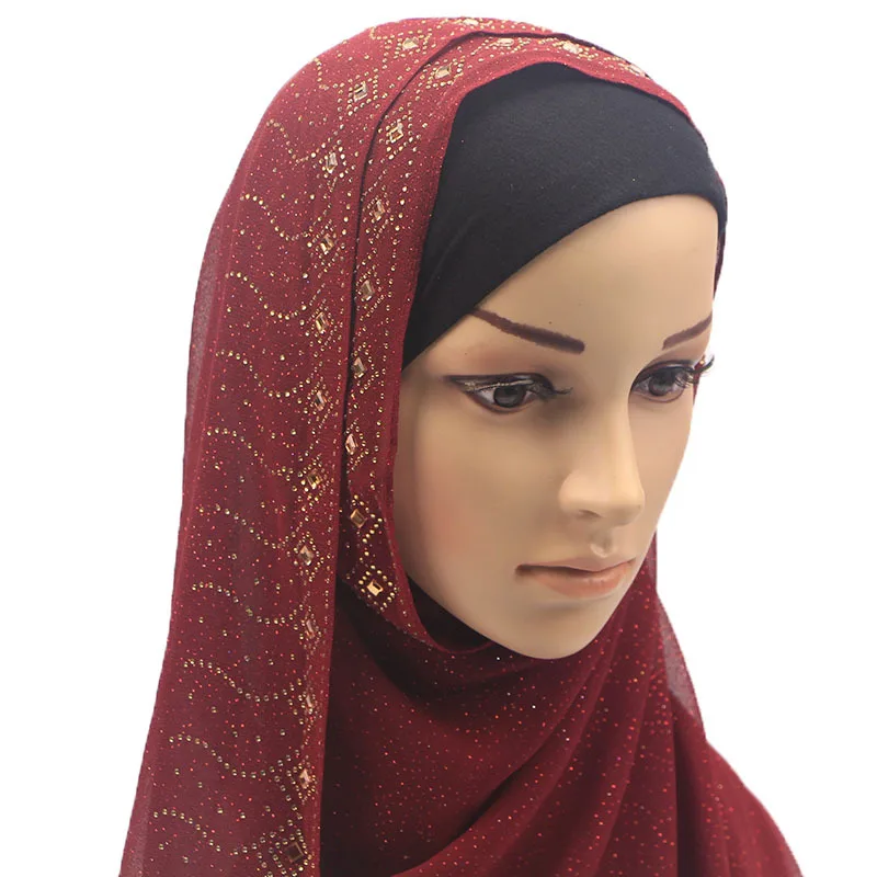Wholesale turban pearl chiffon gold and hot diamond long scarf women gauze hijab