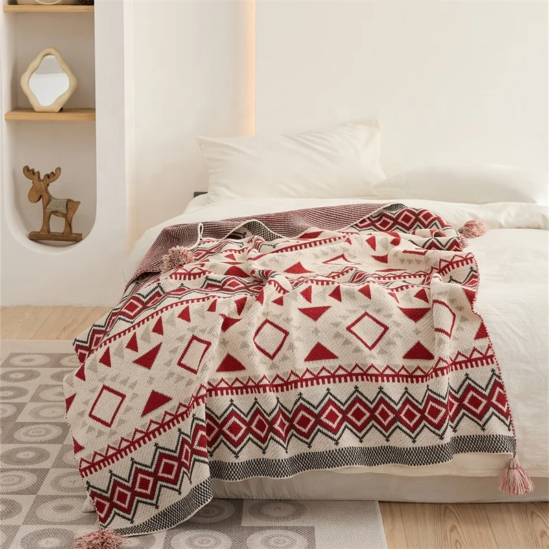 Aztec Navajo Custom Knitted Bohemian Tassel Adult Luxury 100% Acrylic Comfy Vintage Trow Blanket Kids TL