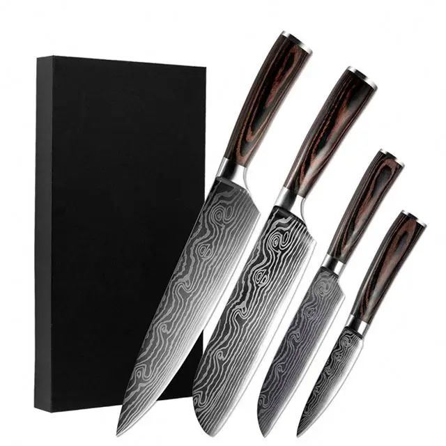 4PCS high carbon steel Kitchen Knife Set with  Blades Damascus Laser Chef Knife Sets Santoku Utility Paring Cooking kitchen Gift