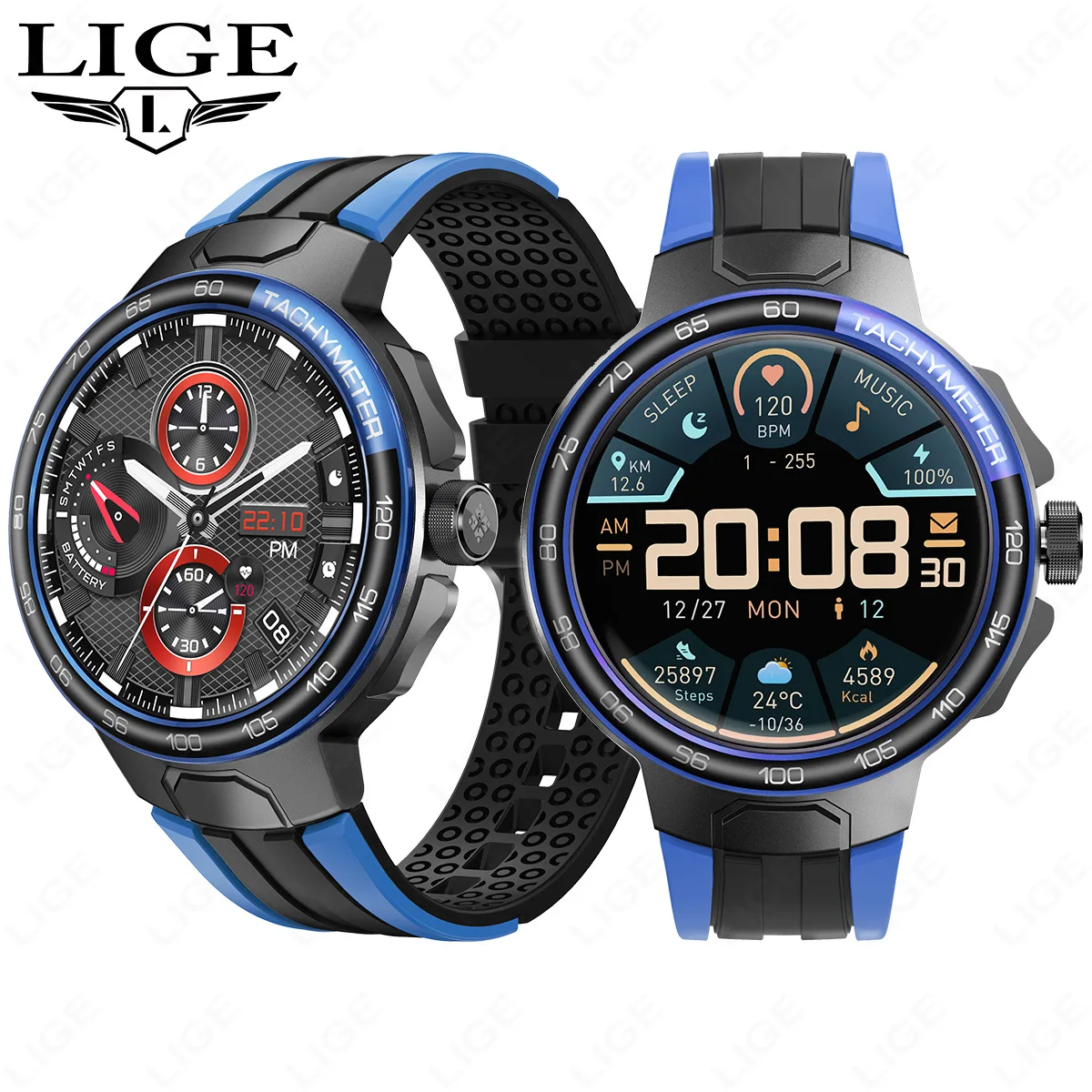 LIGE BWEX102U super   men smart watch  Silicone   steel band Save song Wireless call Blood oxygen Voice Assistant watch set