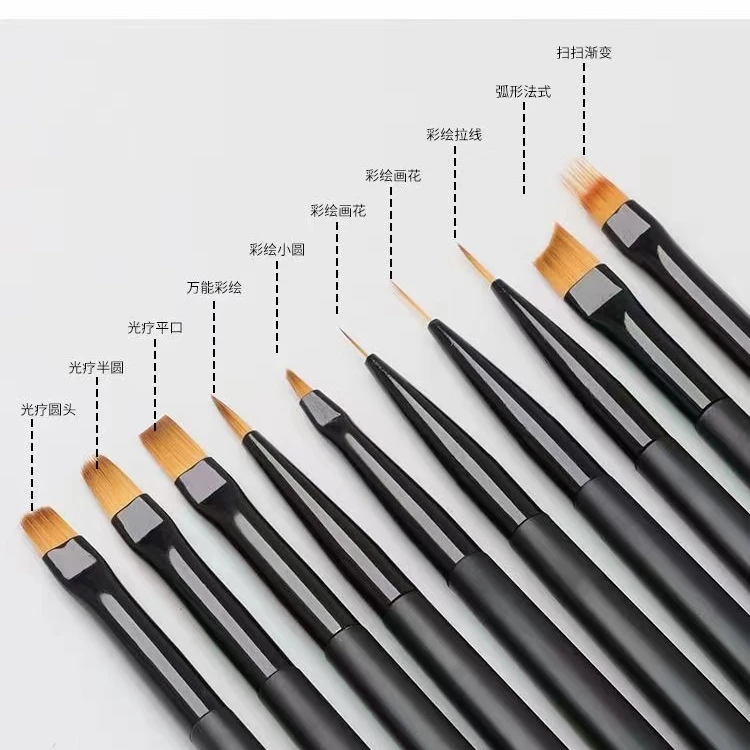 Hot Selling Gel Flat Nail Polish Brush Matte Black Square Handle Brush Nylon Hair for Beauty Transparent Print OEM