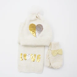 Soft Warm Knitted Custom Beige Kids Beanie Toddler Crochet Kids Winter Hats And Gloves And Scarfs With Love Sequin
